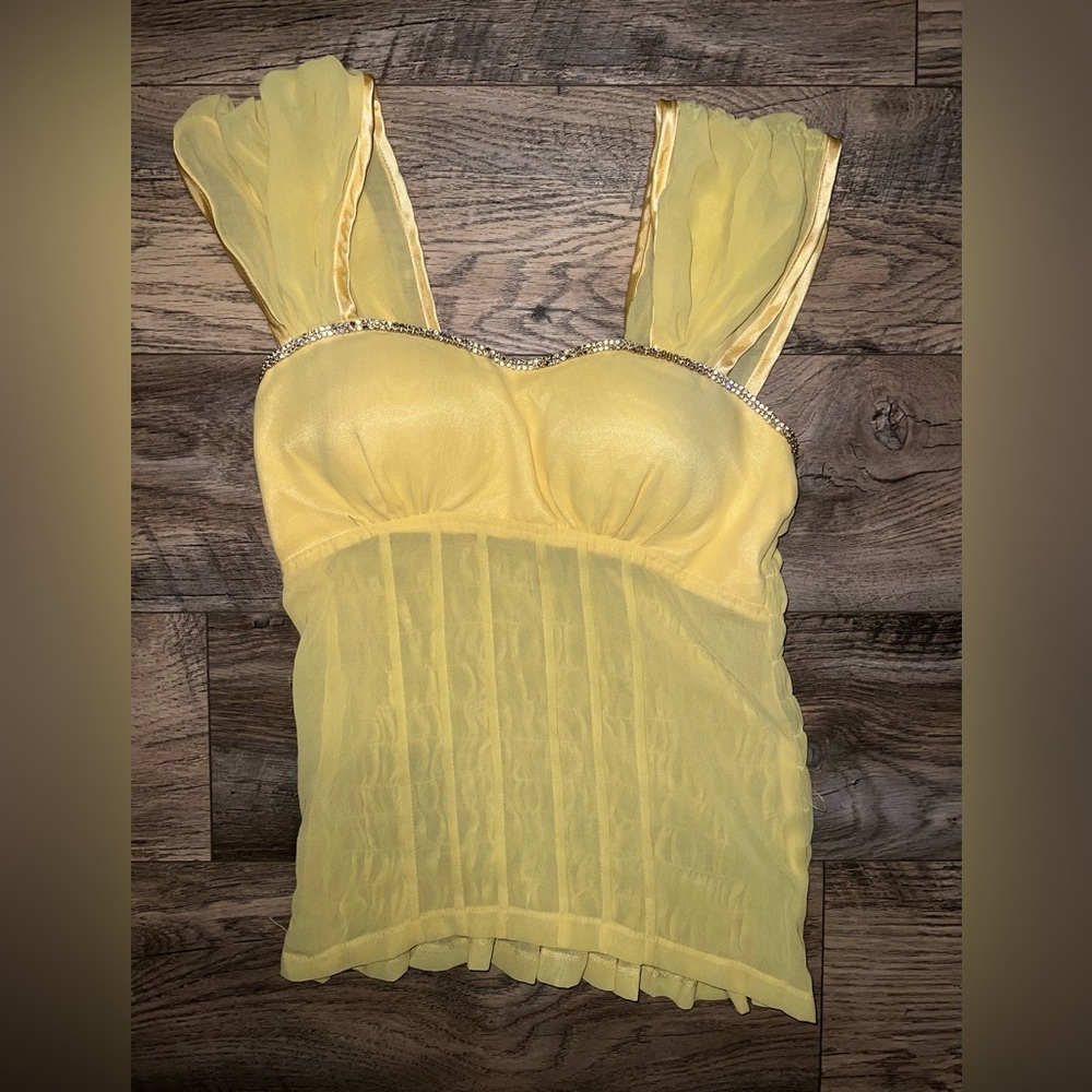 Princess Belle 💛 yellow rhinestone trim blouse with rouching